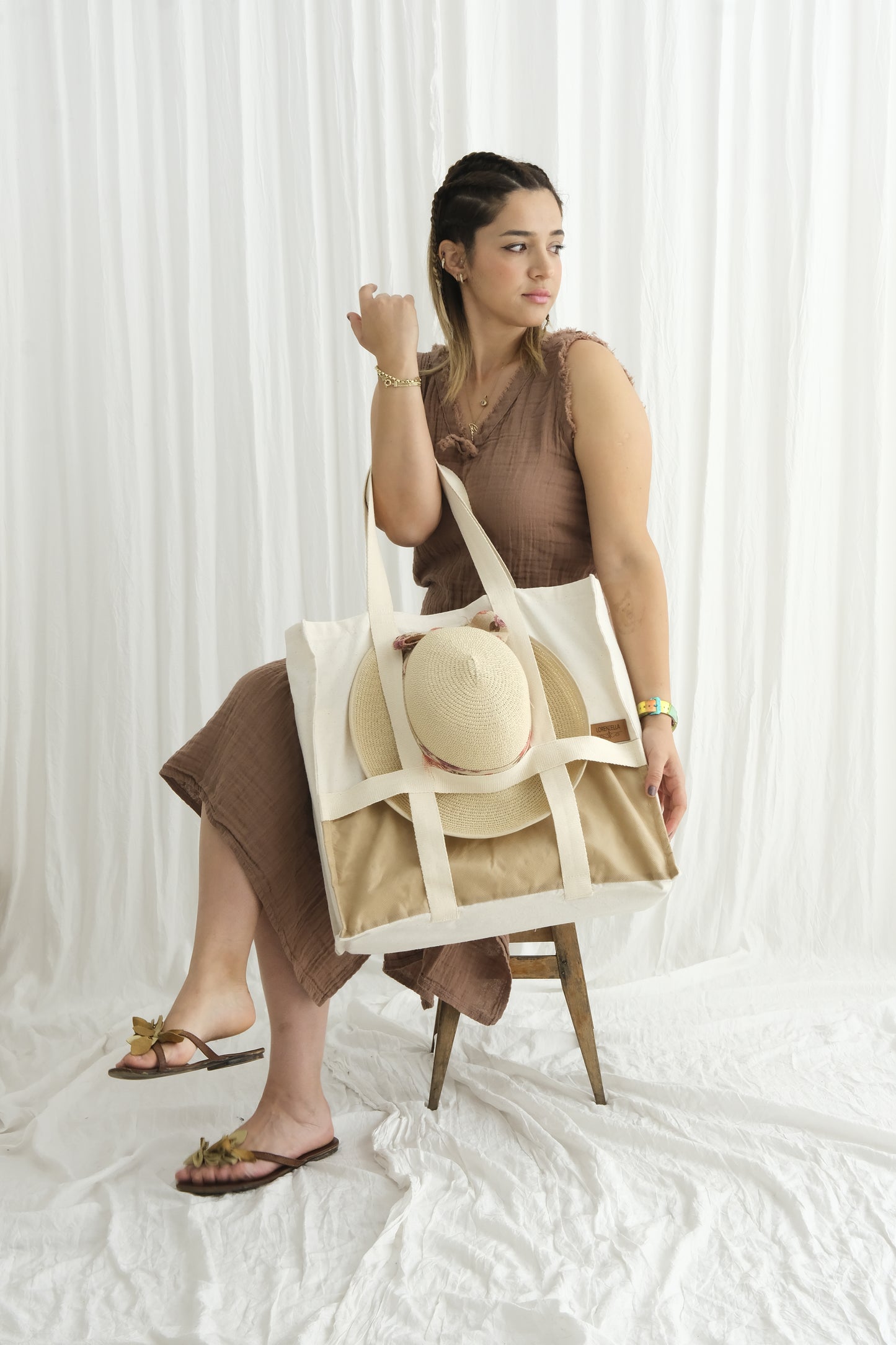 Boho Beach & Shopping Tote with Built‑In Hat Pocket