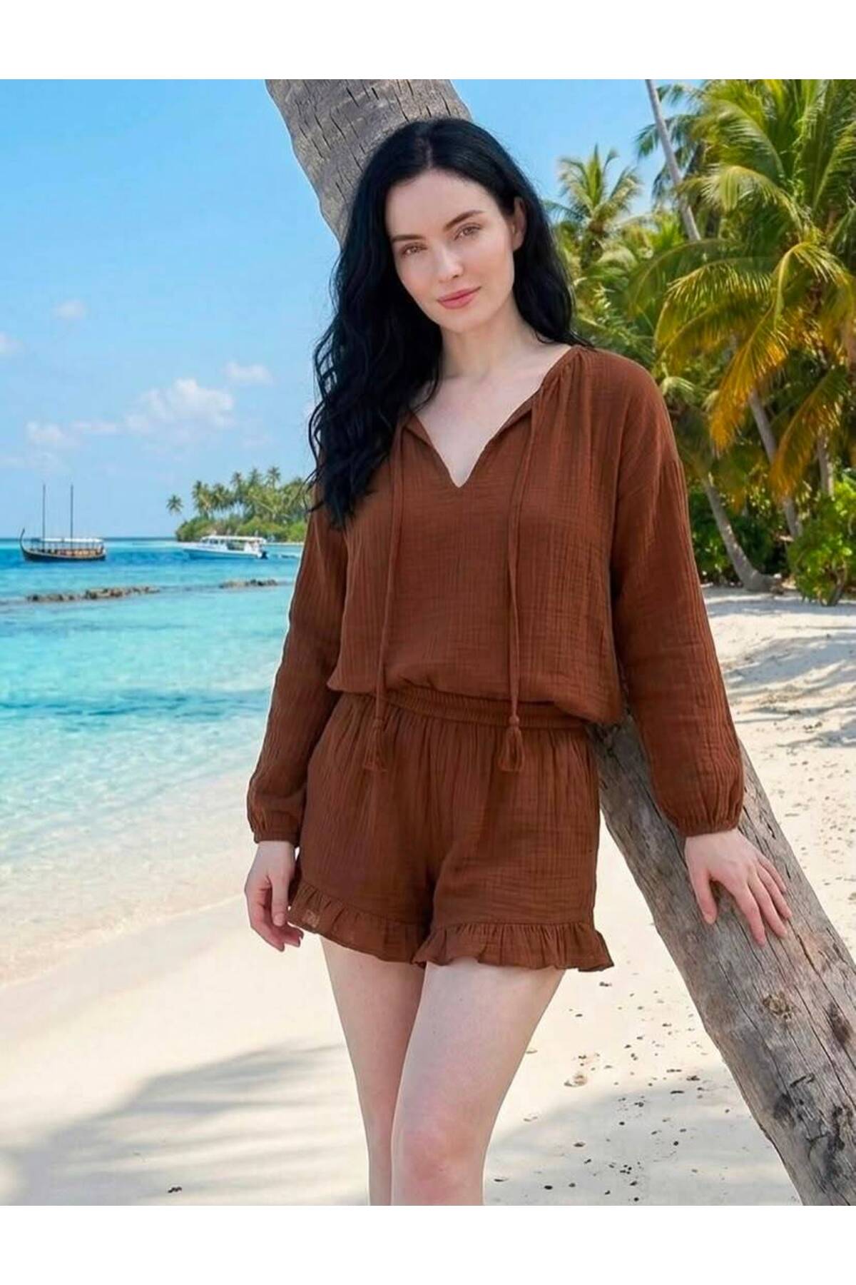 Muslin Short Set Women | Cotton Double Gauze Matching Set | Boho Summer Loungewear | Ruffle Shorts & V-Neck Top | Beach Vacation Outfit