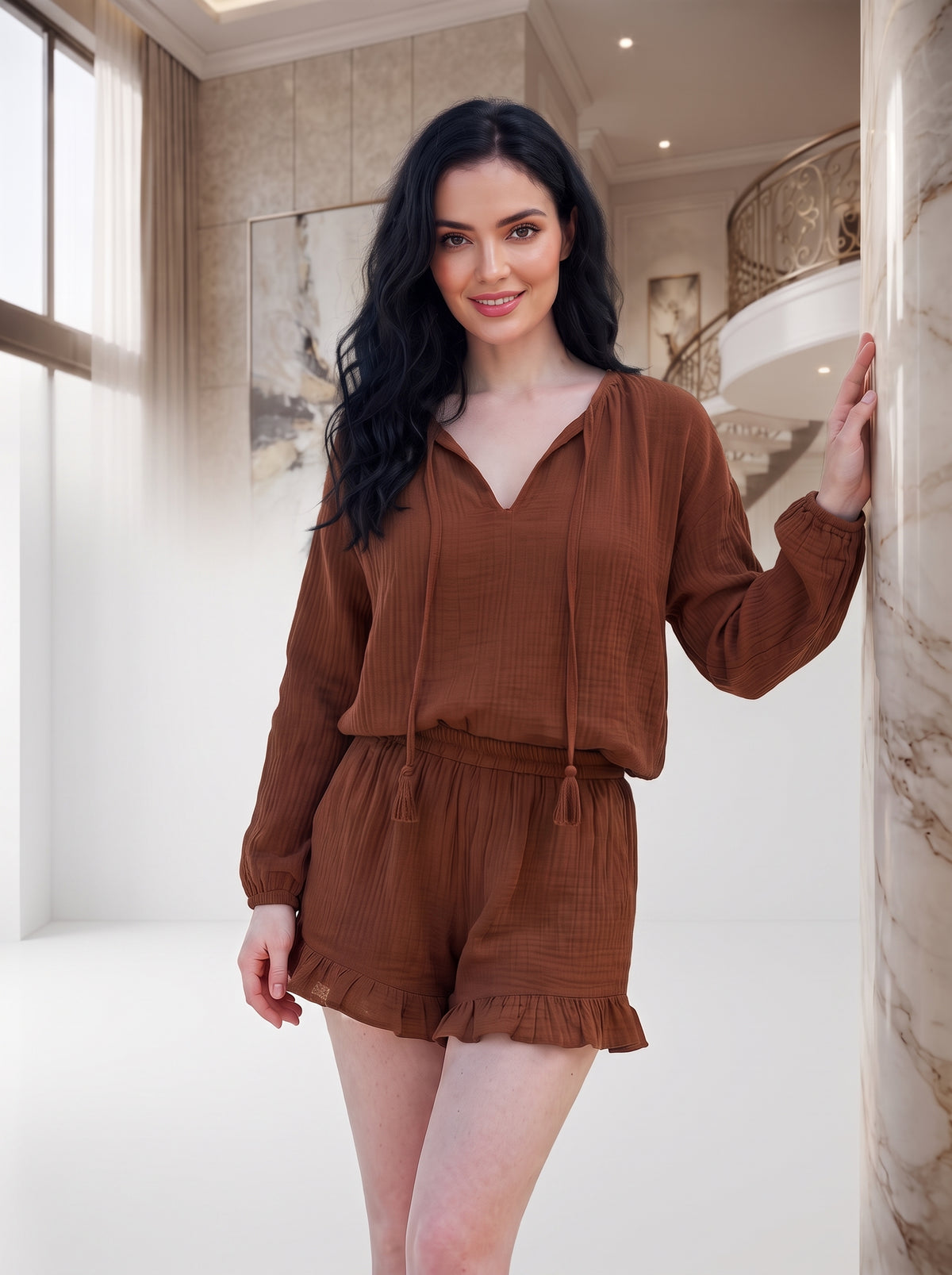 Muslin Short Set Women | Cotton Double Gauze Matching Set | Boho Summer Loungewear | Ruffle Shorts & V-Neck Top | Beach Vacation Outfit