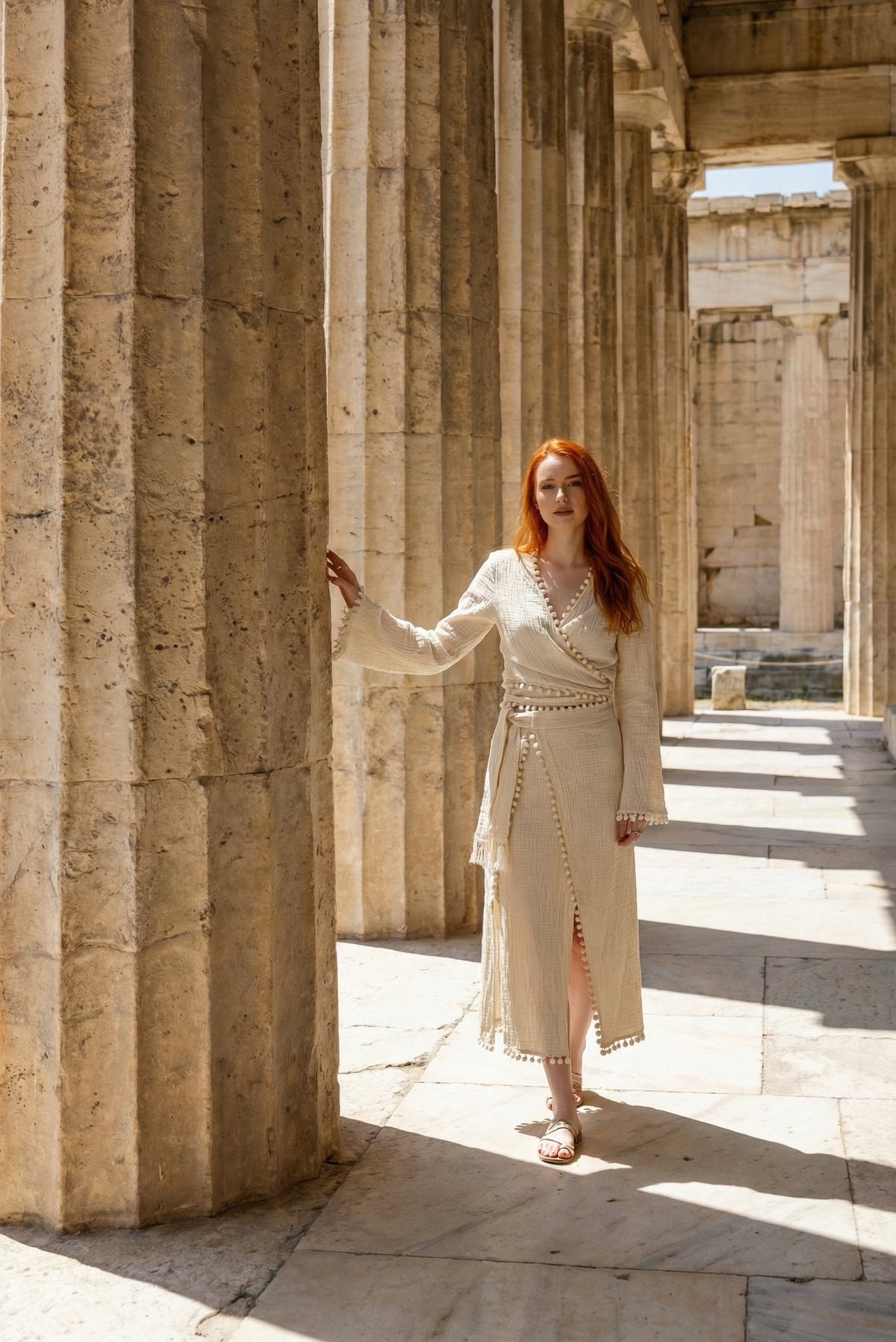Pom Pom Muslin Wrap Dress – Natural Elegance Meets Comfort