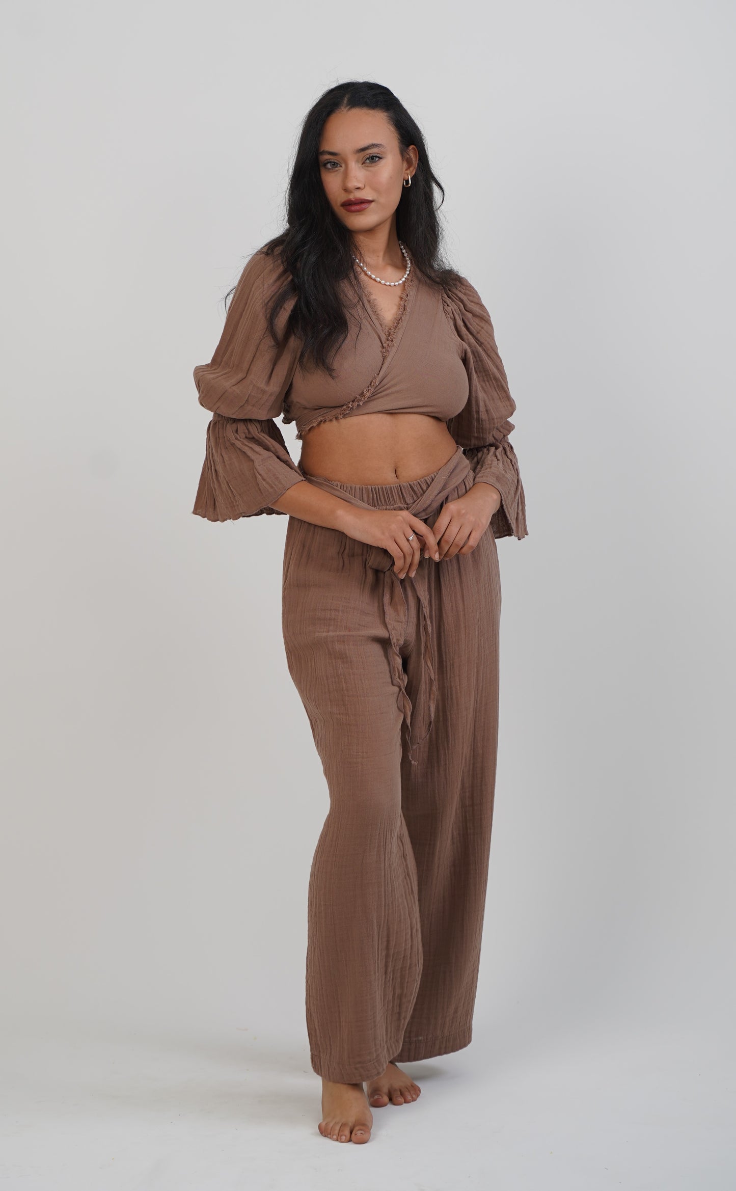 Boho 2‑Piece Muslin Set – 100% Cotton Top & Wide‑Leg Pants | One Size