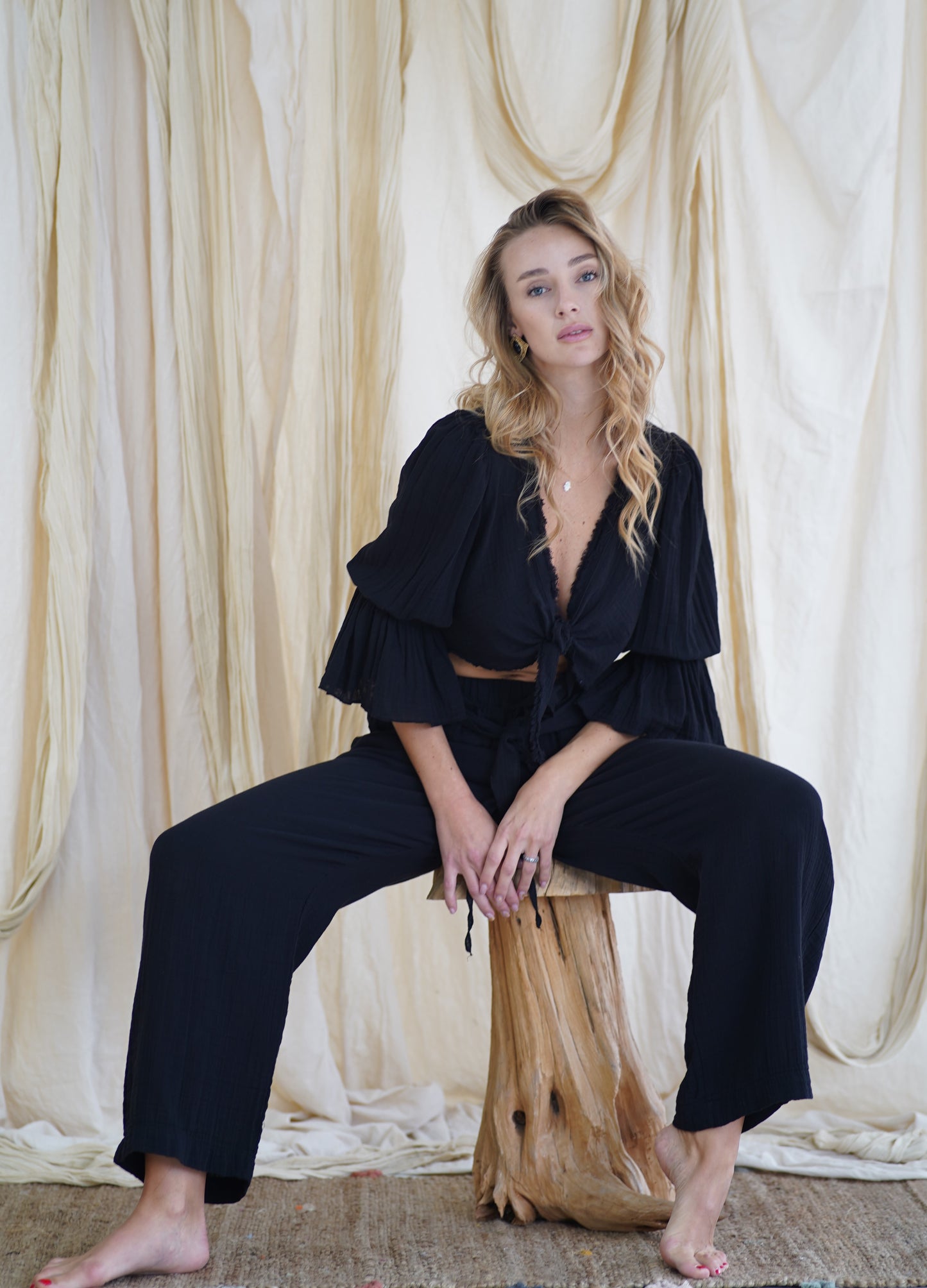 Boho 2‑Piece Muslin Set – 100% Cotton Top & Wide‑Leg Pants | One Size