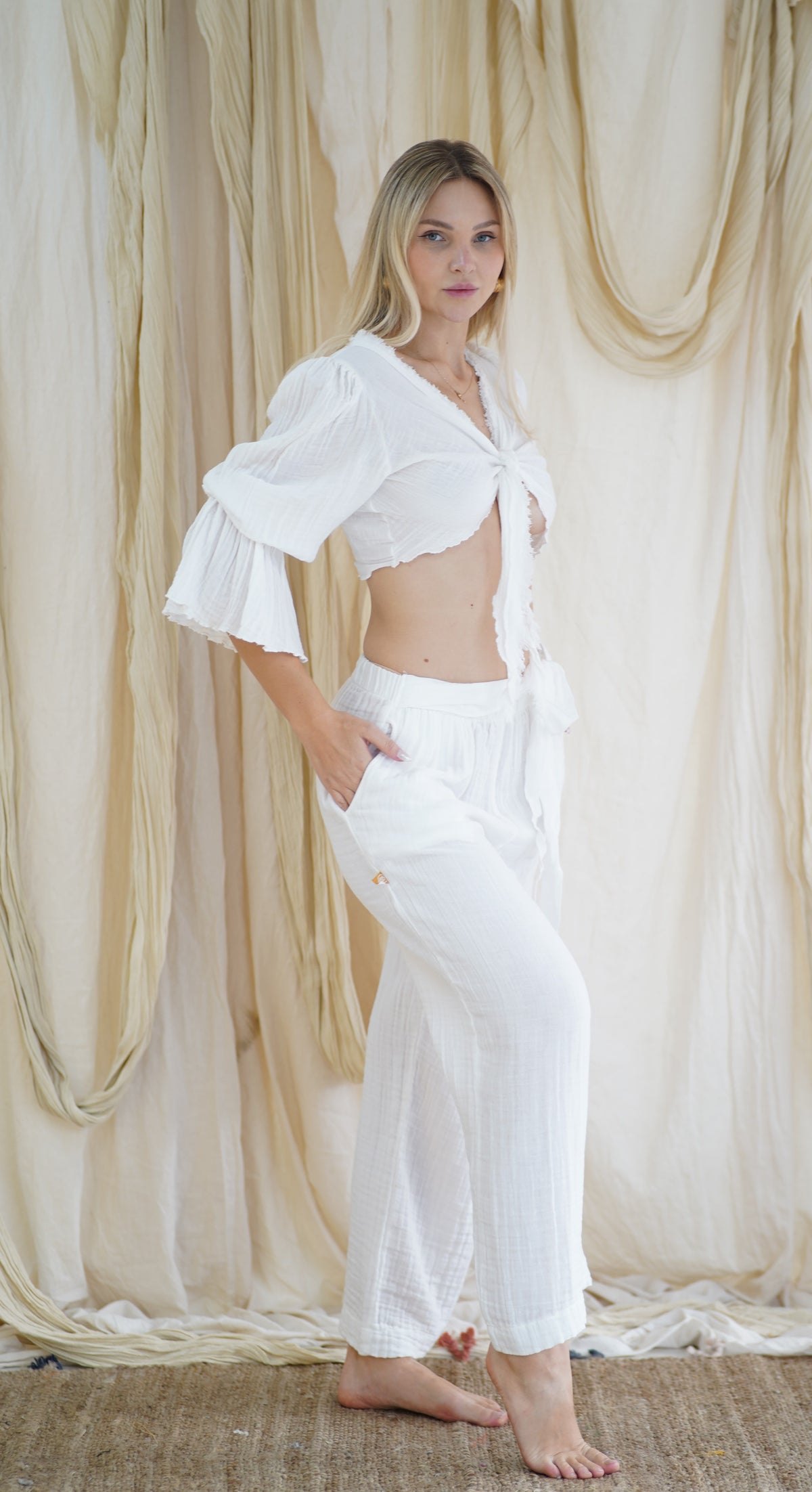 Boho 2‑Piece Muslin Set – 100% Cotton Top & Wide‑Leg Pants | One Size