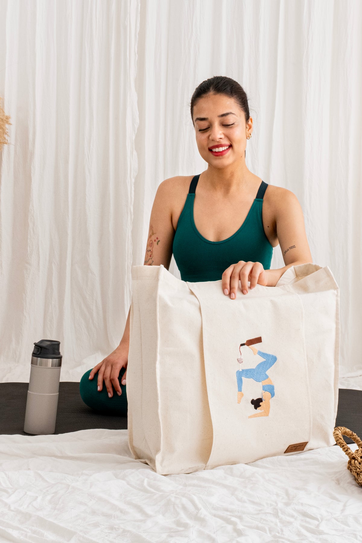 Boho Style Large Yoga & Pilates Tote Bag – 100% Cotton Mat Carrier with Front Pocket