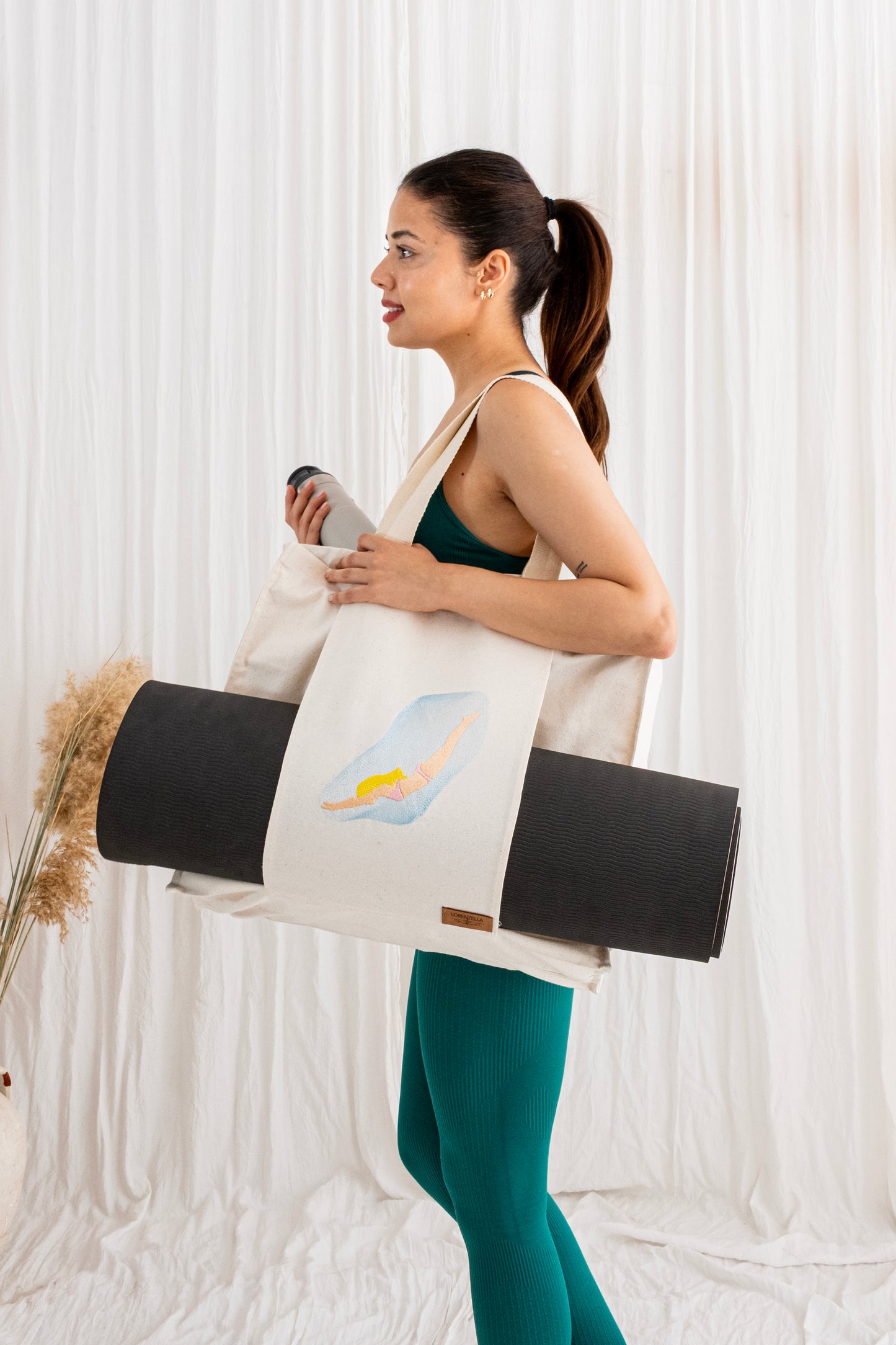Boho Style Large Yoga & Pilates Tote Bag – 100% Cotton Mat Carrier with Front Pocket