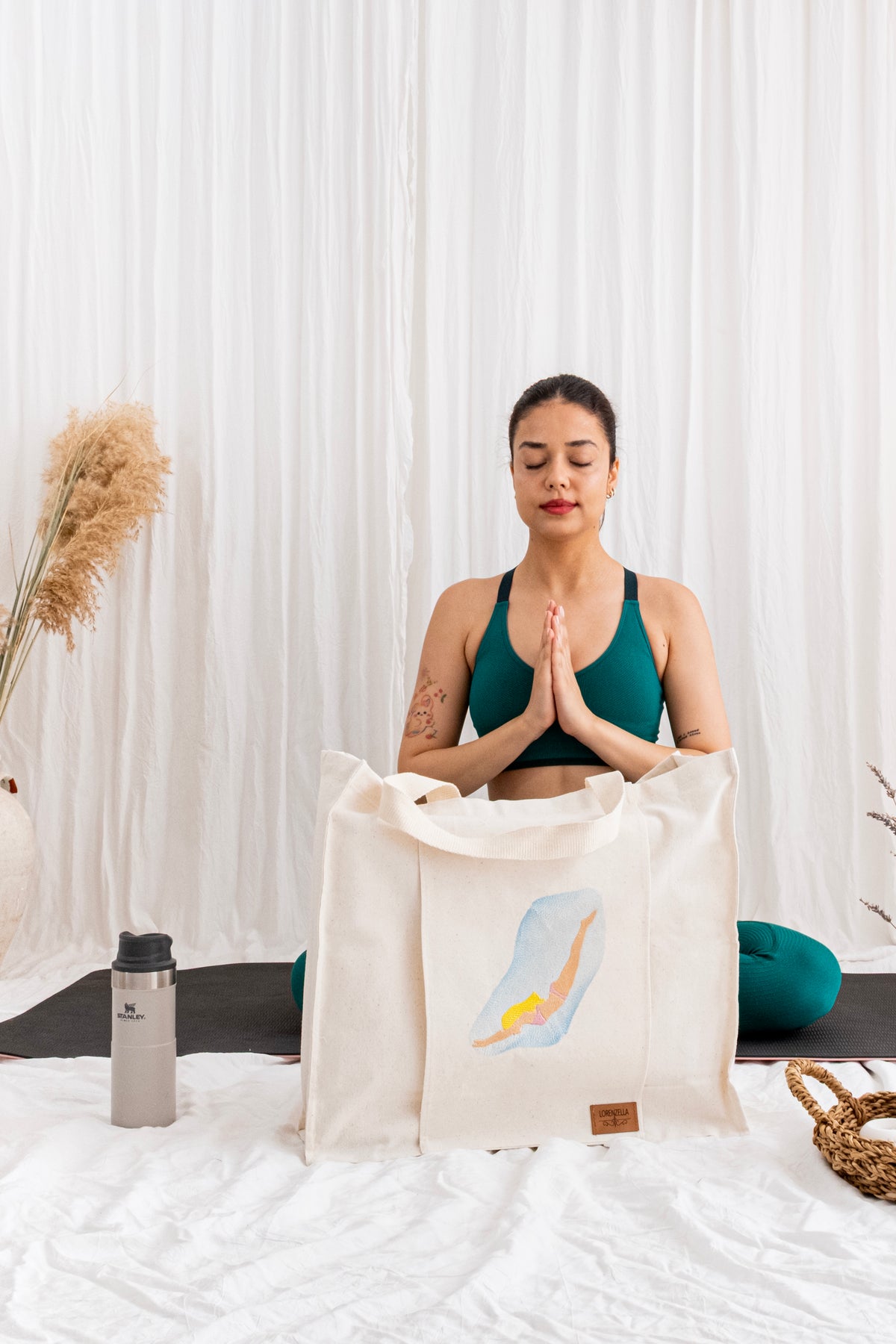Boho Style Large Yoga & Pilates Tote Bag – 100% Cotton Mat Carrier with Front Pocket