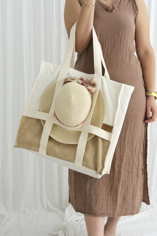 Boho Beach & Shopping Tote with Built‑In Hat Pocket