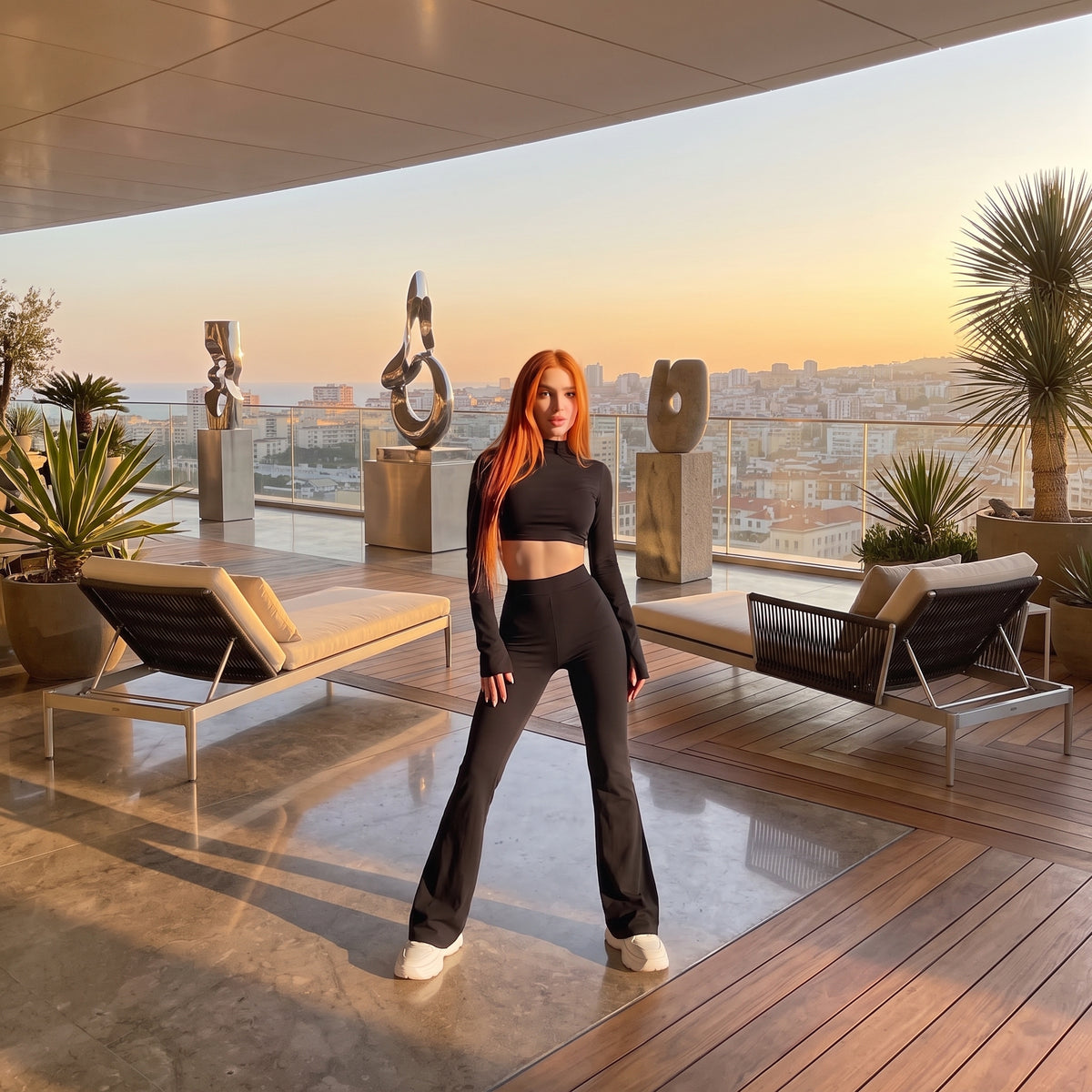 Kadın Kısa Üst ve Kloş Tayt Takımı – Lorenzella Black Motion Modeli