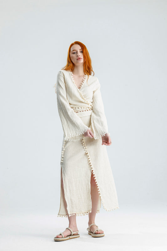 Pom Pom Muslin Wrap Dress – Natural Elegance Meets Comfort