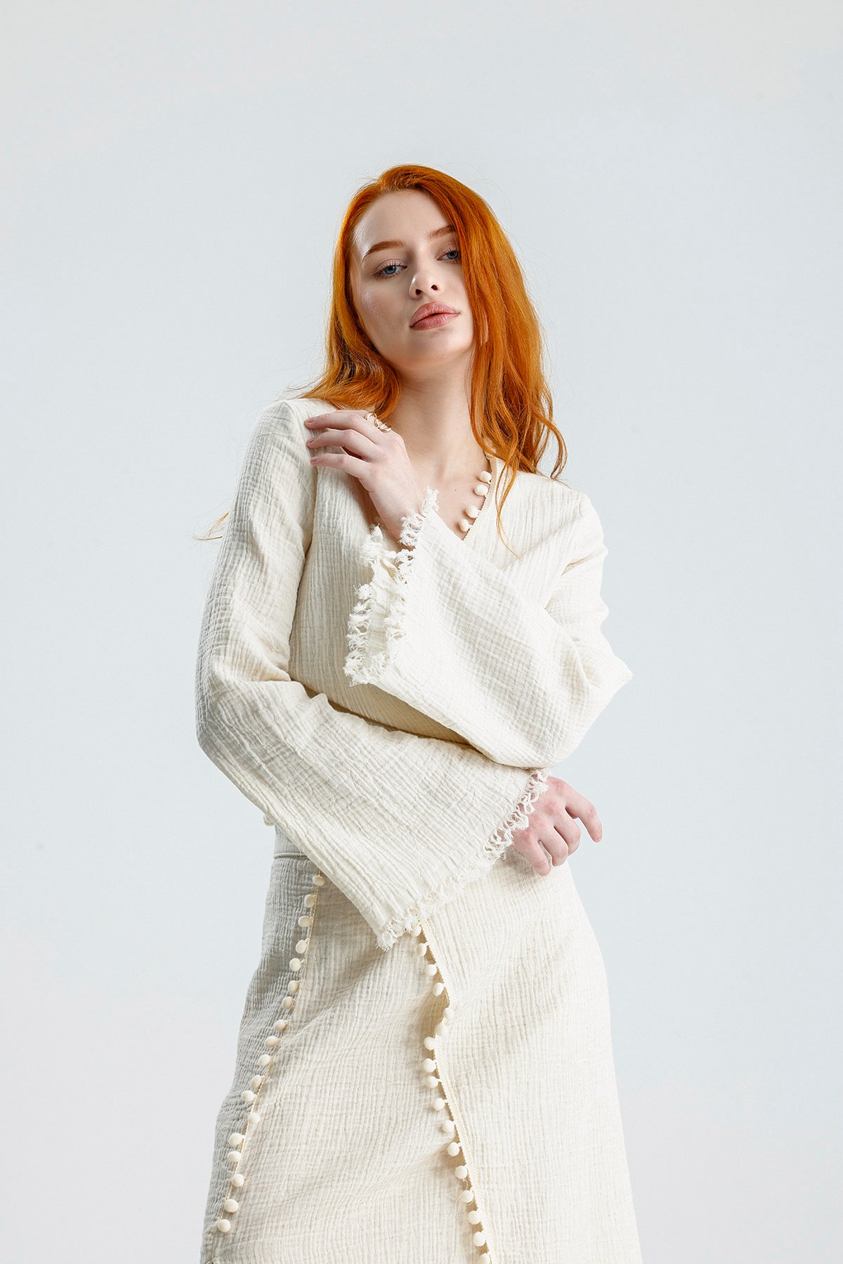 Pom Pom Muslin Wrap Dress – Natural Elegance Meets Comfort