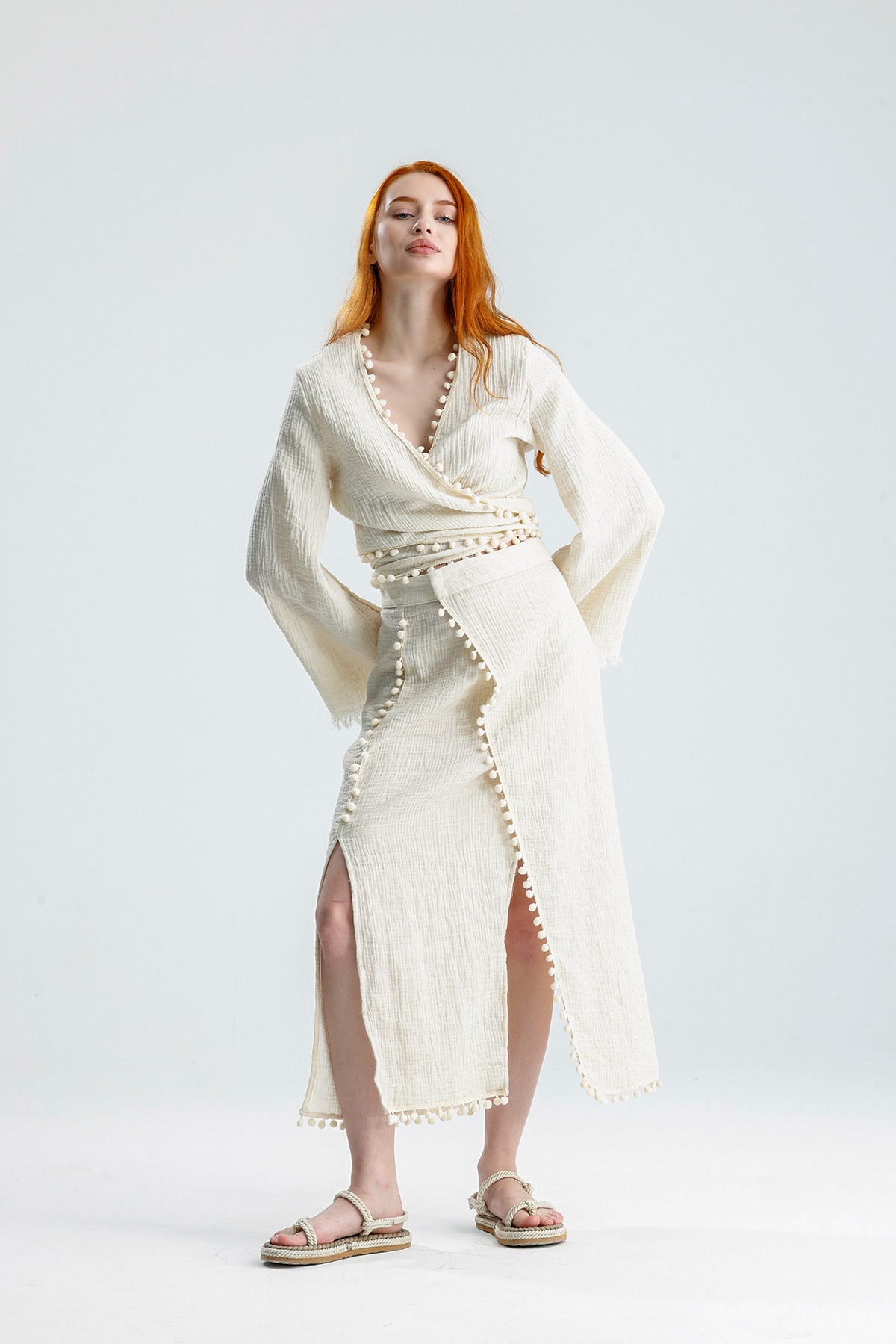 Pom Pom Muslin Wrap Dress – Natural Elegance Meets Comfort