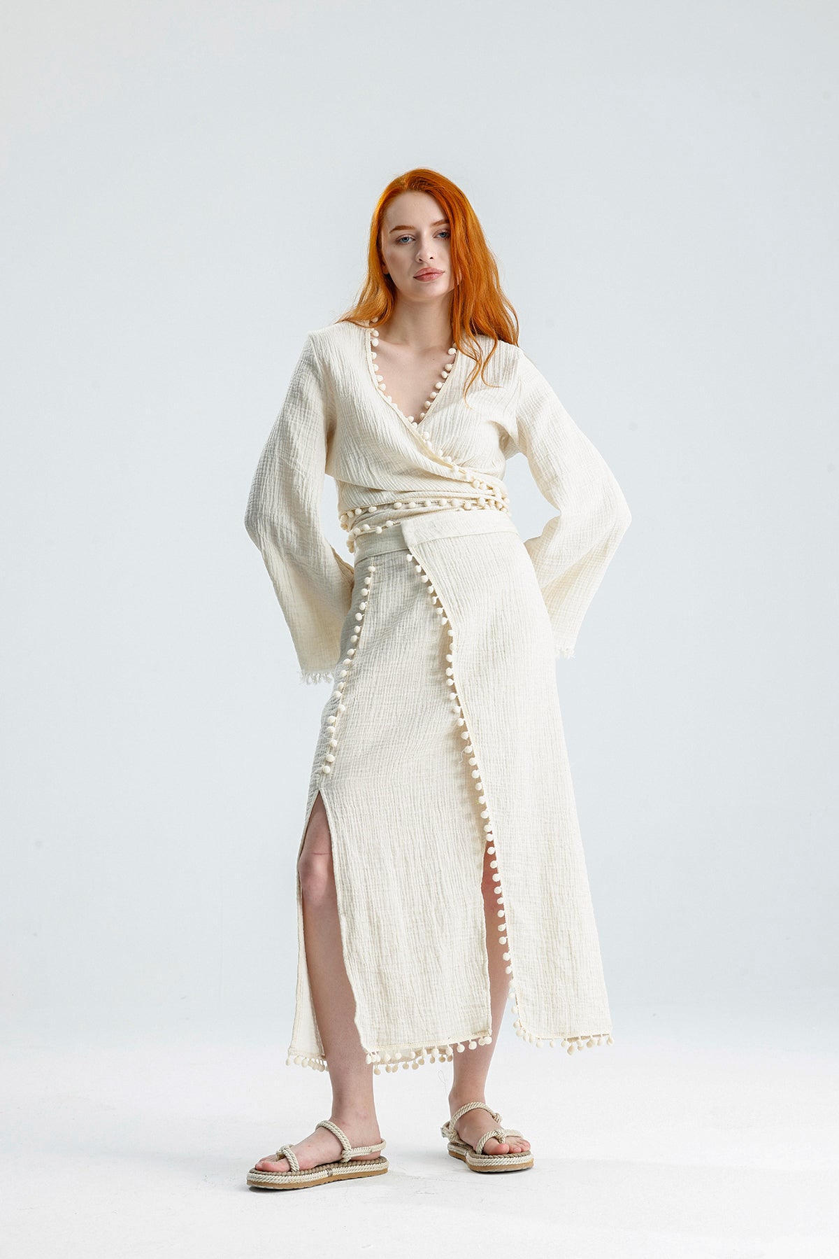 Pom Pom Muslin Wrap Dress – Natural Elegance Meets Comfort