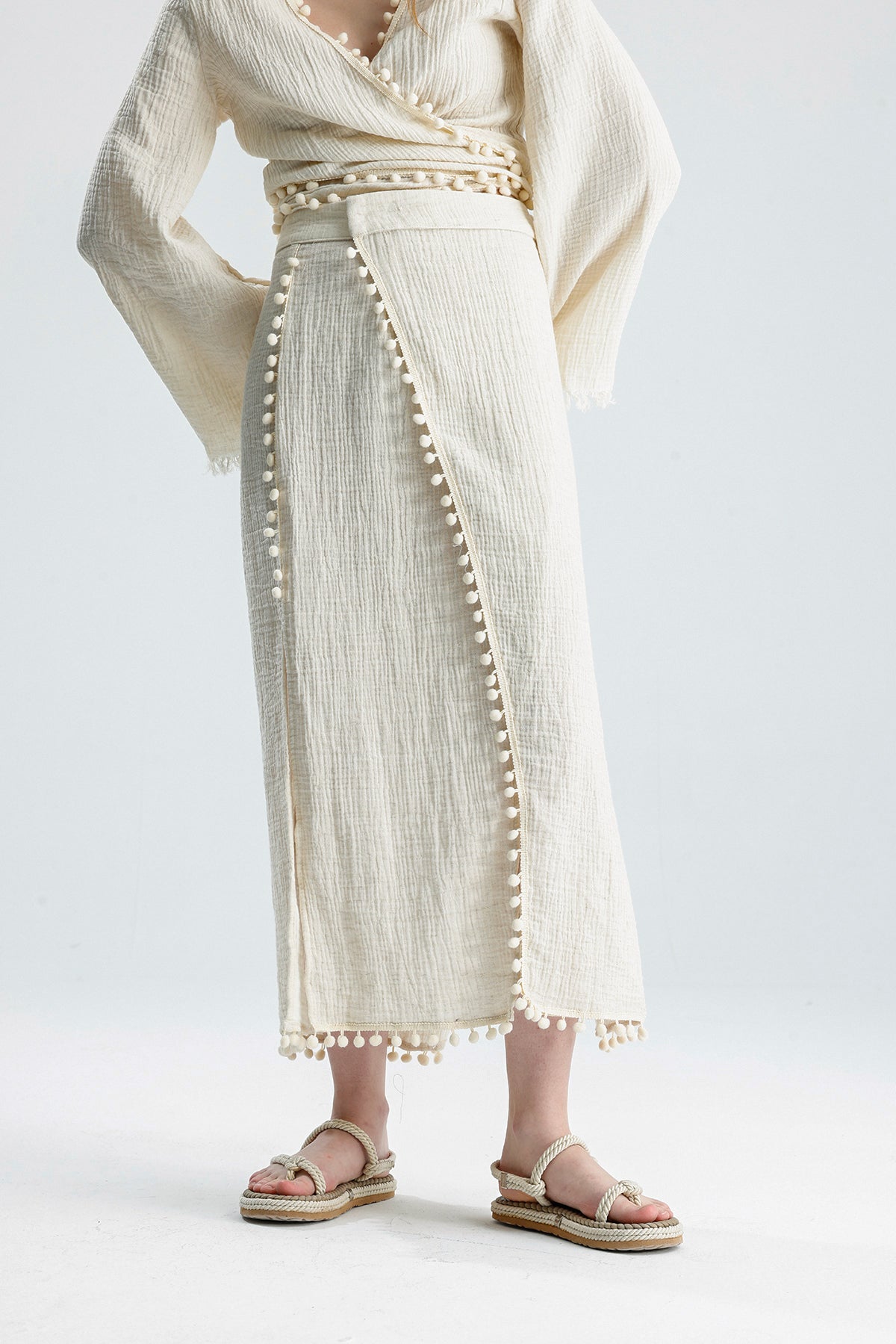 Pom Pom Muslin Wrap Dress – Natural Elegance Meets Comfort