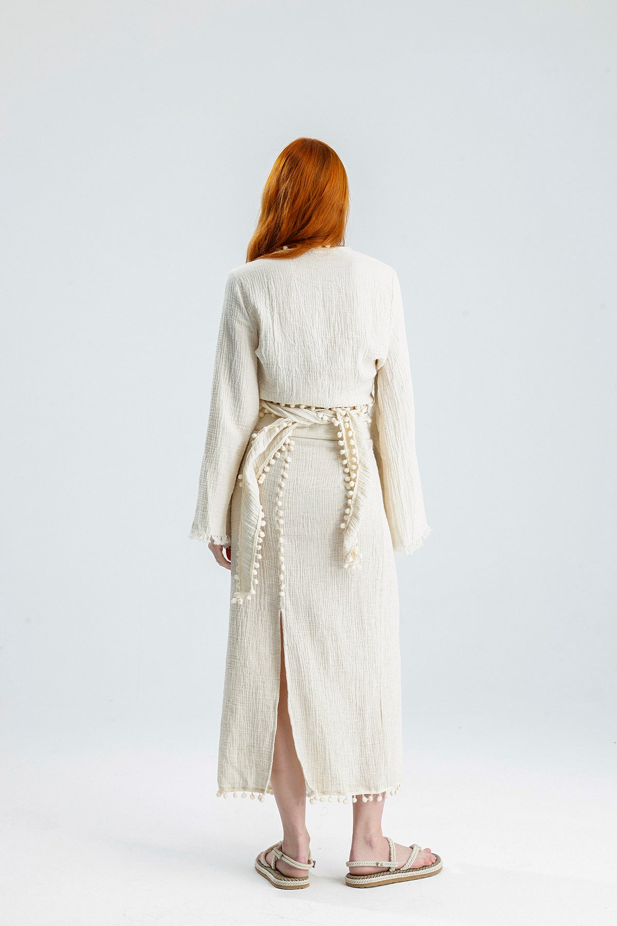 Pom Pom Muslin Wrap Dress – Natural Elegance Meets Comfort