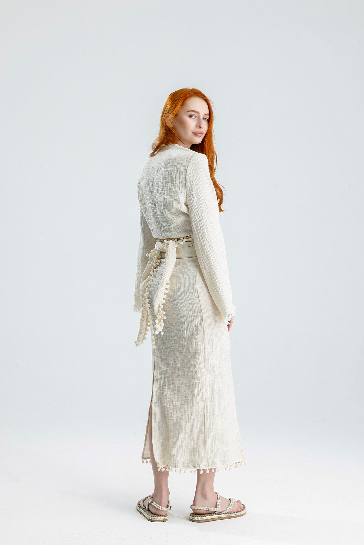 Pom Pom Muslin Wrap Dress – Natural Elegance Meets Comfort