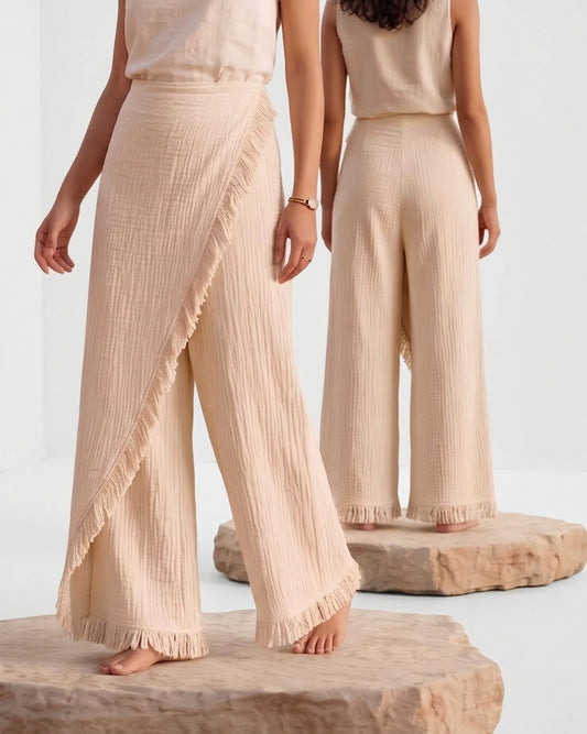 Boho Ecru Wrap Pants, Fringed Skirt Pants, Asymmetrical Wide Leg Trousers, Natural Textured, One Size Culottes, Festival Clothing