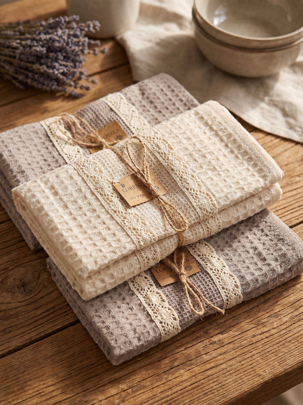 6-teiliges Küchenhandtuch-Set aus 100% Baumwolle – 40x60 cm mit Spitzenbesatz | Lorenzella